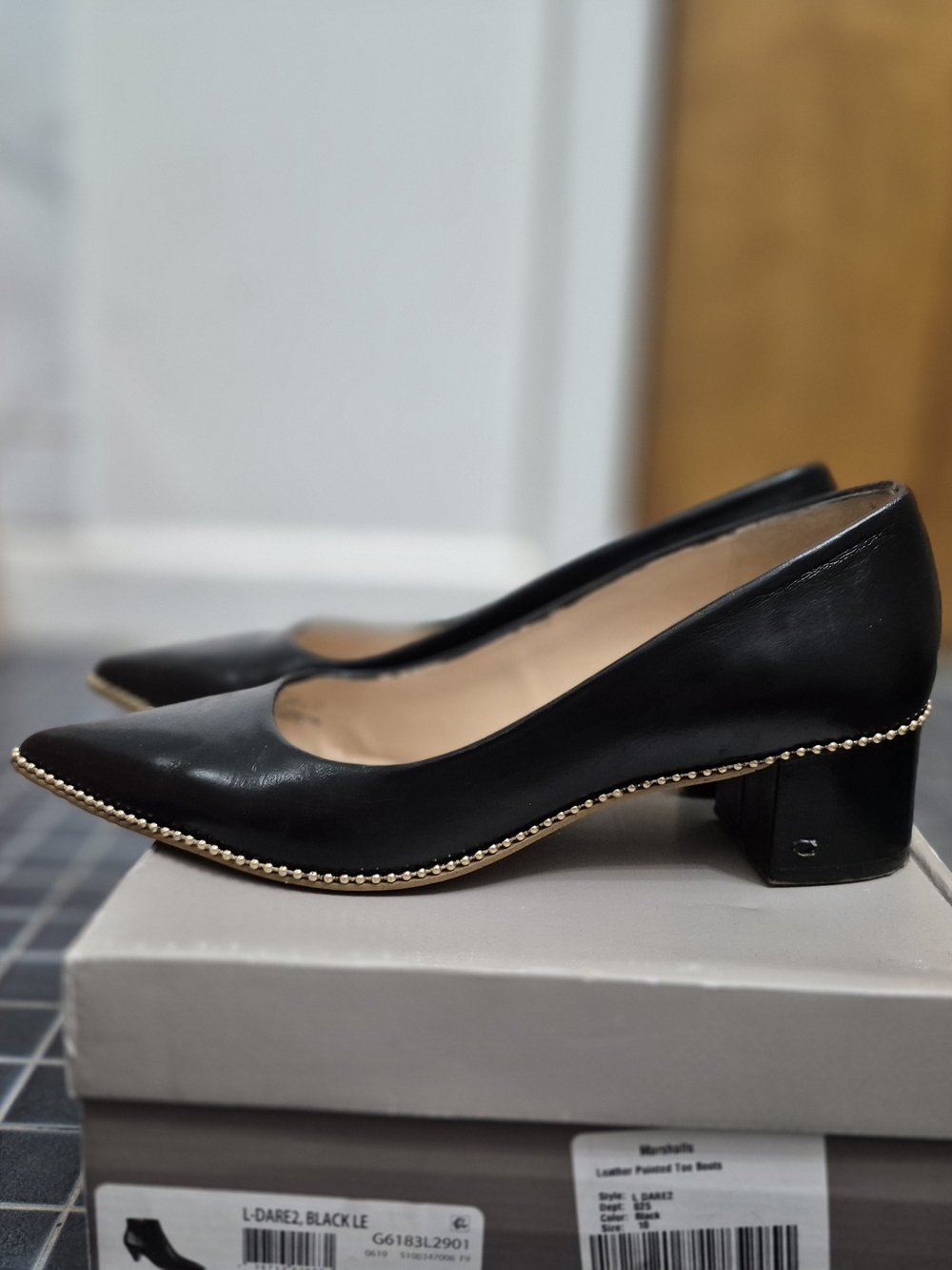 Coach Black Leather Pumps with Gold Bead Trim